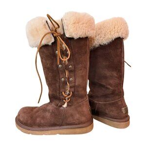 UGG Tall Lace Up Boots Womens 8 Brown Shearling Fur Lined Suede Winter Boots